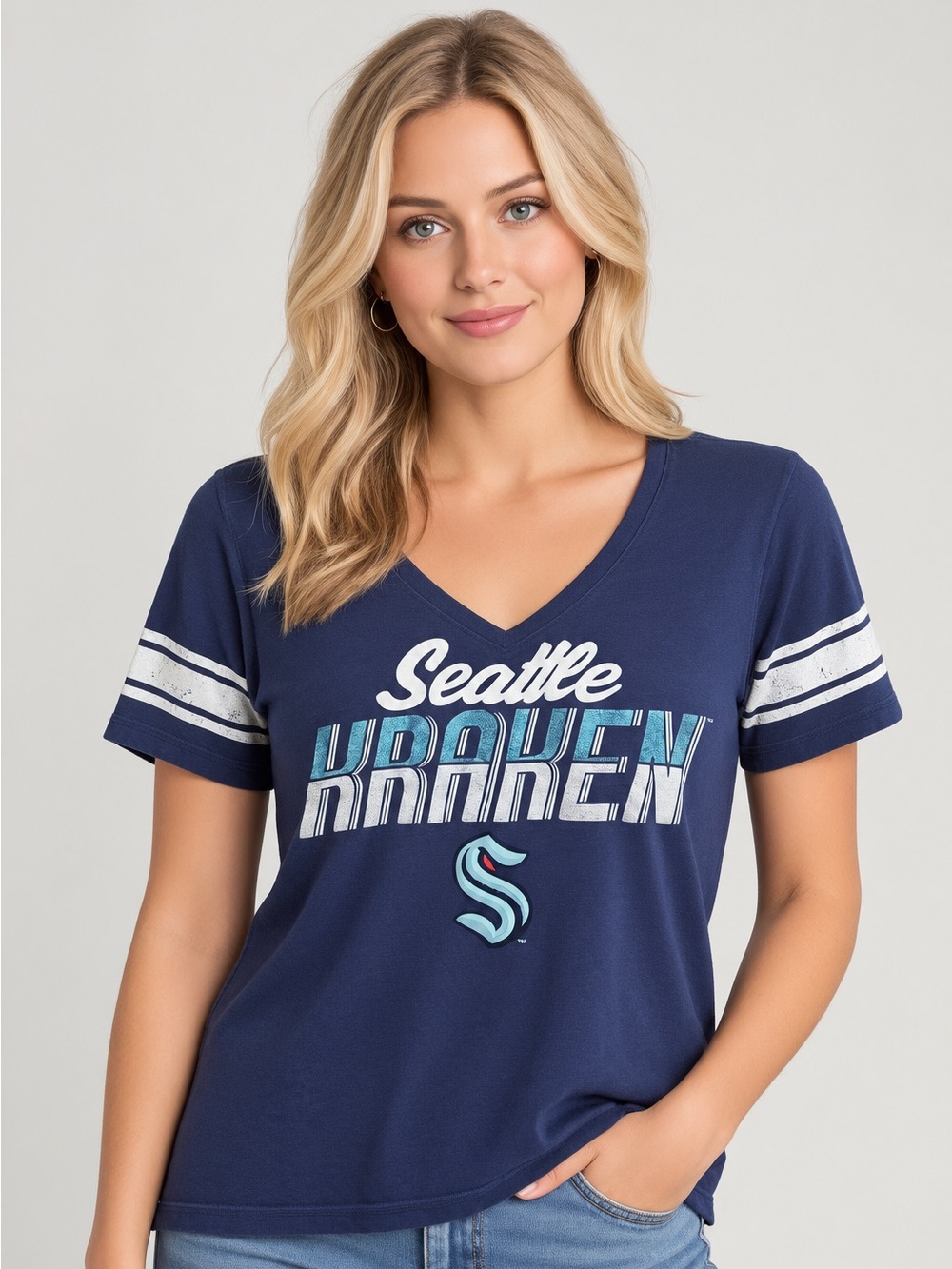 4her Seattle Kraken Women's Navy Glitter V-Neck T-Shirt 2x